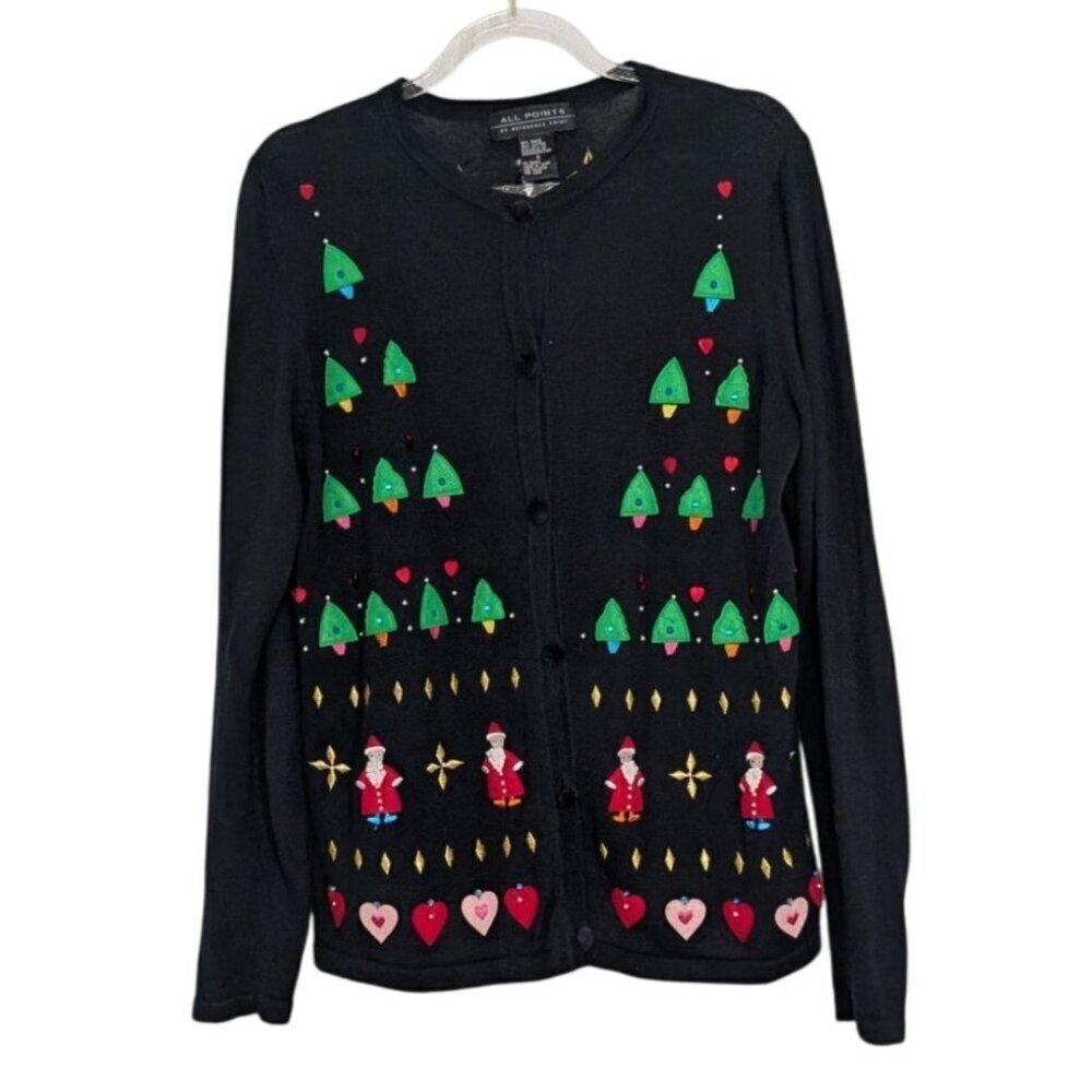 All Points Christmas Cardigan Womens Size Small Black Applique Santa Sweater